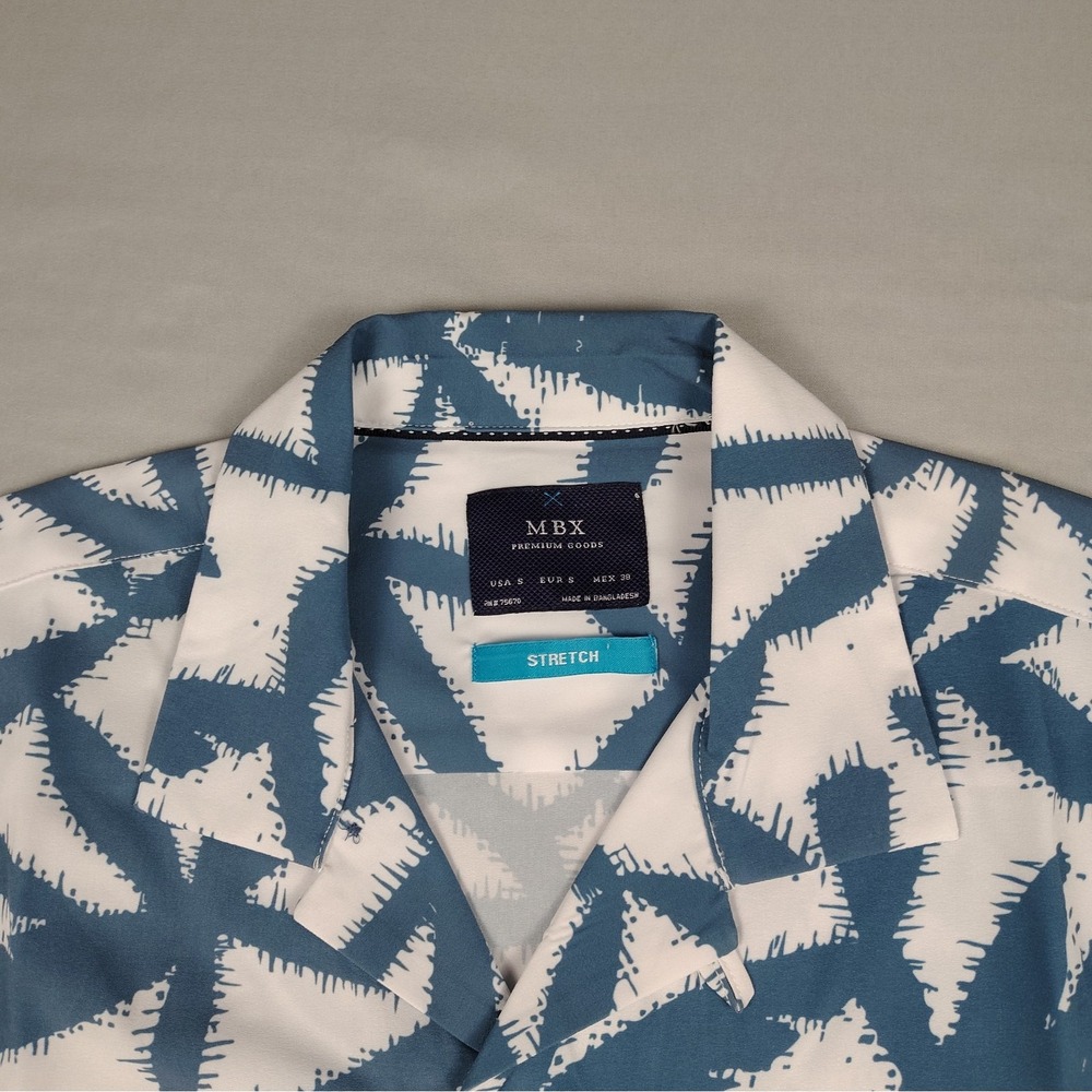 MBX Premium Goods Mens S NWT Camp Shirt Blue White Tropical Palm Leaf Stretch - Picture 5 of 15